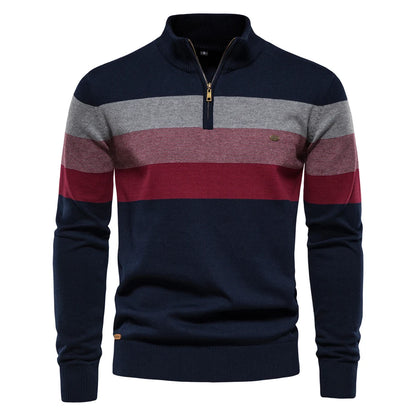 Men's Half-Zip Striped Sweater with Stand Collar and Ribbed Cuffs and Hem for a Stylish Casual Look