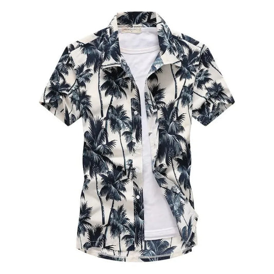 Men's Short Sleeve Hawaiian Shirt with Palm Tree Print and Casual Button-Down Design