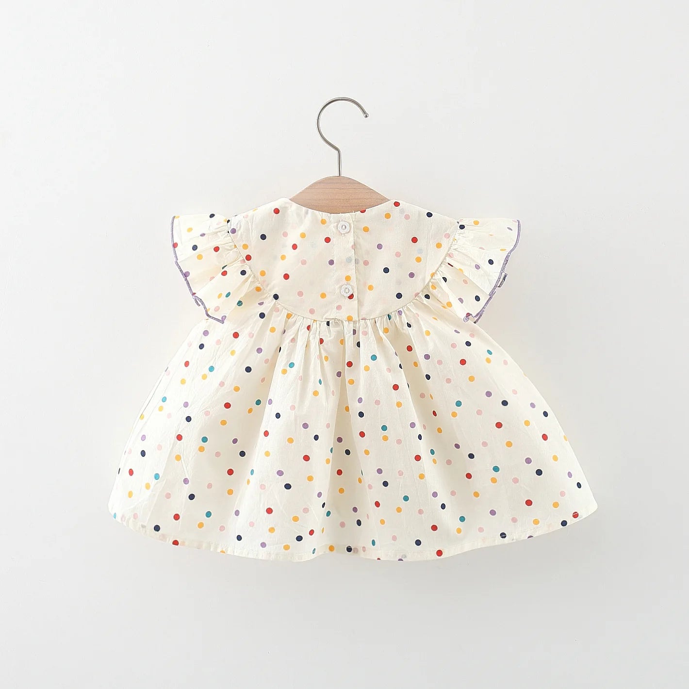 Flutter Sleeve Dress with Floral Embroidery and Polka Dot Pattern for Toddlers