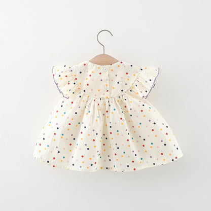 Flutter Sleeve Dress with Floral Embroidery and Polka Dot Pattern for Toddlers