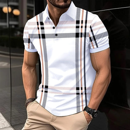 Men's Short Sleeve Polo Shirt with Horizontal Stripe Design and Button Placket for Casual Wear