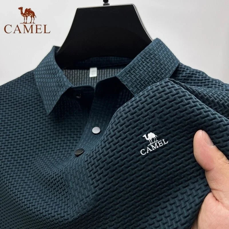 Men's Textured Knit Polo Shirt with Embroidered Camel Logo and Button Placket