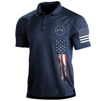 Men's Patriotic Polo Shirt with 1776 Graphic and American Flag Print on Sleeve and Front