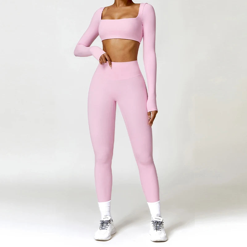 Versatile Yoga Set for Women with Long-Sleeve Crop Top, High-Waist Leggings, and Shorts Options