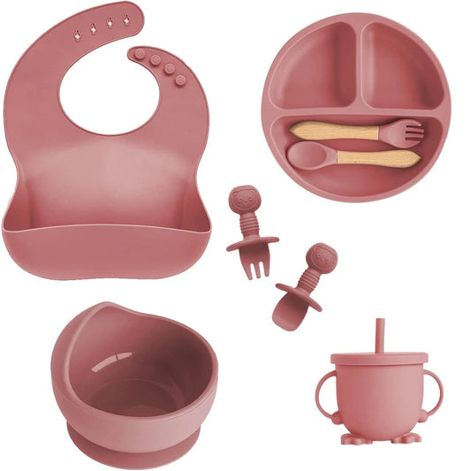 Silicone Baby Feeding Set with Suction Bowl, Divided Plate, Bib, and Utensils for Easy and Mess-Free Mealtime