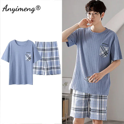 Men's Summer Plaid Pajama Set with Short Sleeve Top and Elastic Waist Shorts Featuring Chest Pocket and Comfortable Fit