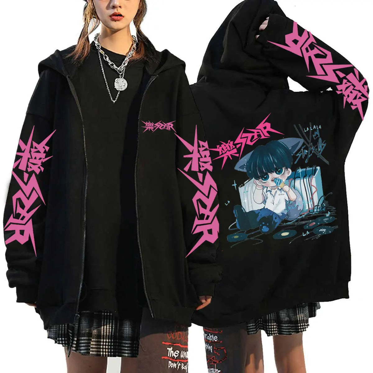 Unisex Streetwear Graphic Hoodie with Bold Arm and Back Designs, Full-Zip Closure, and Oversized Fit for a Trendy Look