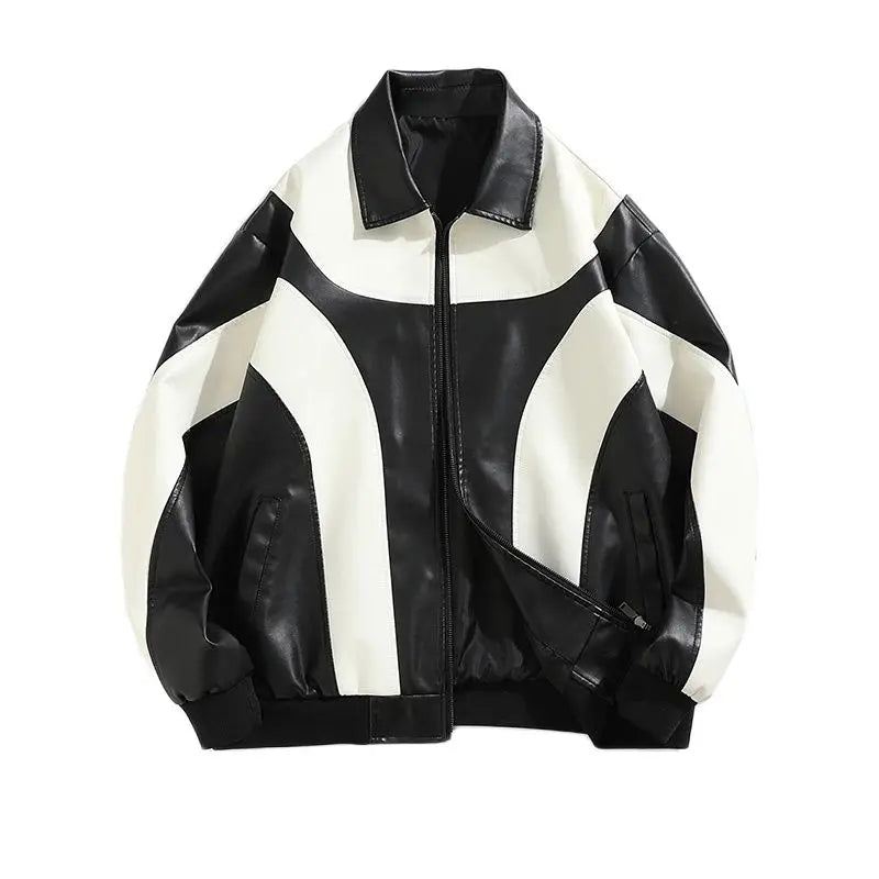 Men's Faux Leather Jacket with Geometric Design and Zipper Closure