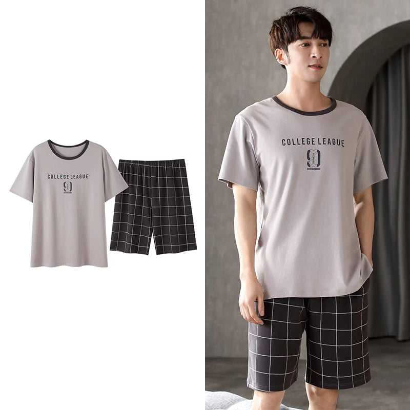 Men's Summer Plaid Pajama Set with Short Sleeve Top and Elastic Waist Shorts Featuring Chest Pocket and Comfortable Fit