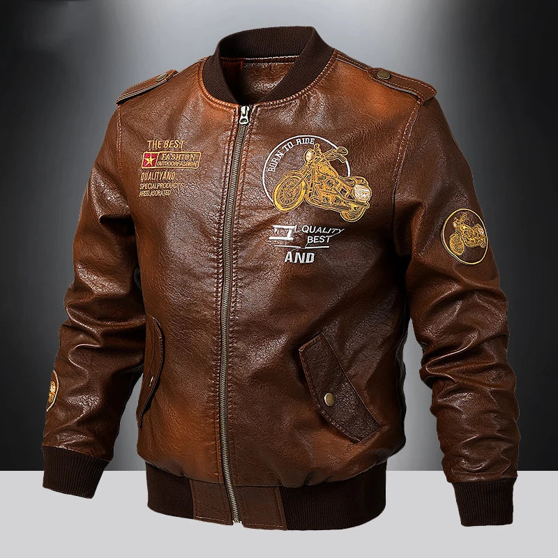 Men's Embroidered Faux Leather Bomber Jacket with Motorcycle Patches and Ribbed Cuffs