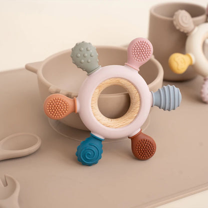 Premium Wooden and Silicone Baby Teething Ring with Multiple Textures and Shapes for Soothing Teething Relief and Sensory Development