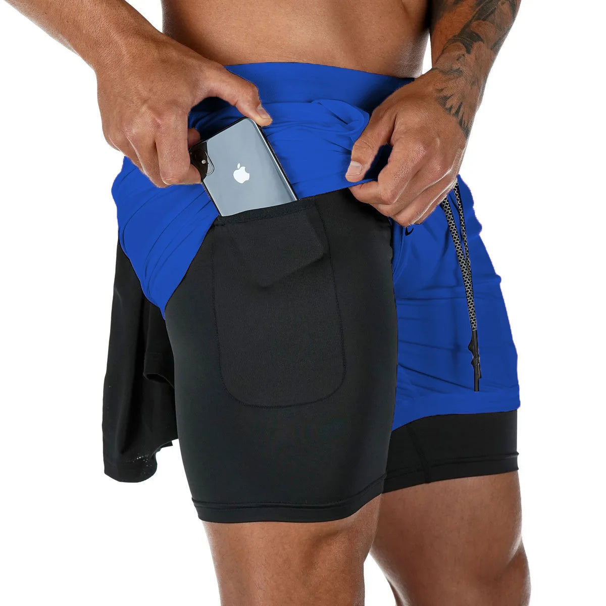 Men's Two-in-One Athletic Shorts with Built-in Compression Liner and Phone Pocket, Featuring Elastic Waistband and Drawstring Closure