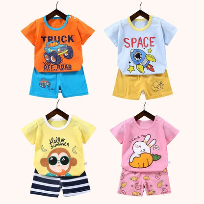 Adorable Toddler Summer Outfits with Fun Cartoon Prints, Perfect for Playtime and Casual Wear.