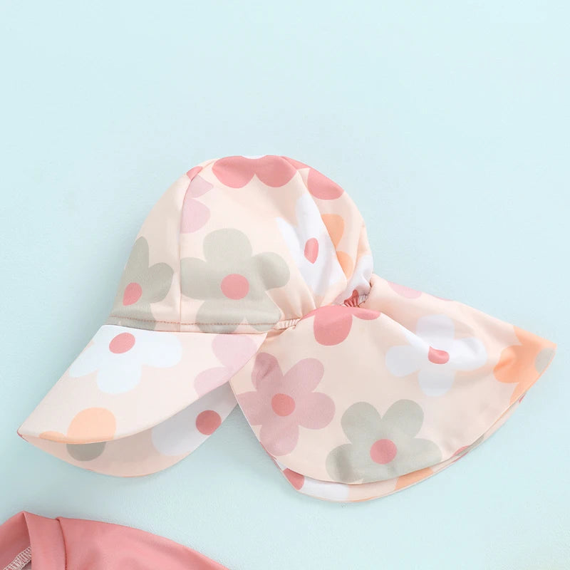 Floral Print Long-Sleeve Swimsuit with Matching Sun Hat for Baby Girls