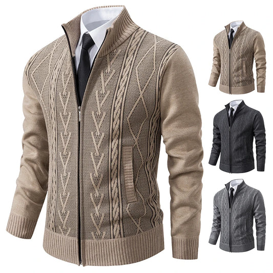 Men's Casual Zip-Up Cardigan with Ribbed Knit Detailing and Full-Length Sleeves