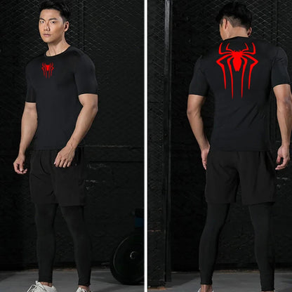 Men's Compression Fitness T-Shirt with Spider Emblem Design and Short Sleeves for Athletic and Gym Wear