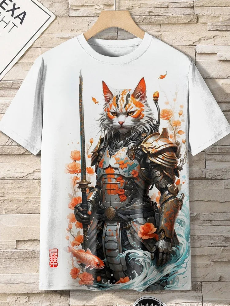 Men's Short Sleeve T-Shirt with Samurai Panda Graphic and Detailed Autumn Background Design