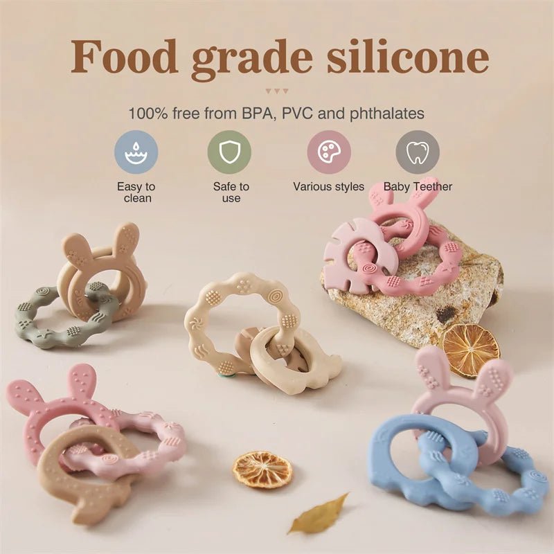 Textured Baby Teething Rings with Animal Shapes, Made from Safe Silicone for Soothing Sore Gums and Encouraging Sensory Development