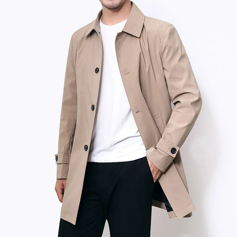 Men's Classic Single-Breasted Trench Coat with Turn-Down Collar and Adjustable Cuffs for a Timeless, Sophisticated Look