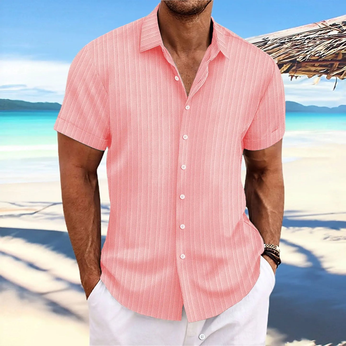 "Men's Short Sleeve Button-Up Beach Shirt with Vertical Striped Pattern and Classic Turn-Down Collar"