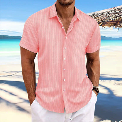 "Men's Short Sleeve Button-Up Beach Shirt with Vertical Striped Pattern and Classic Turn-Down Collar"