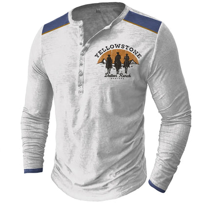 Men's Long Sleeve Button-Up Henley Shirt with Tribal Print and Yellowstone Dutton Ranch Logo