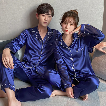 Couples Matching Satin Pajama Set with Contrast Piping and Button-Down Design for Luxurious Sleepwear