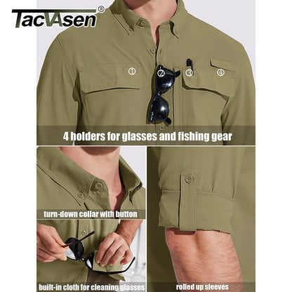 Men's tactical long sleeve shirt with multiple pockets, roll-up sleeves, and button-down design for outdoor and adventure wear