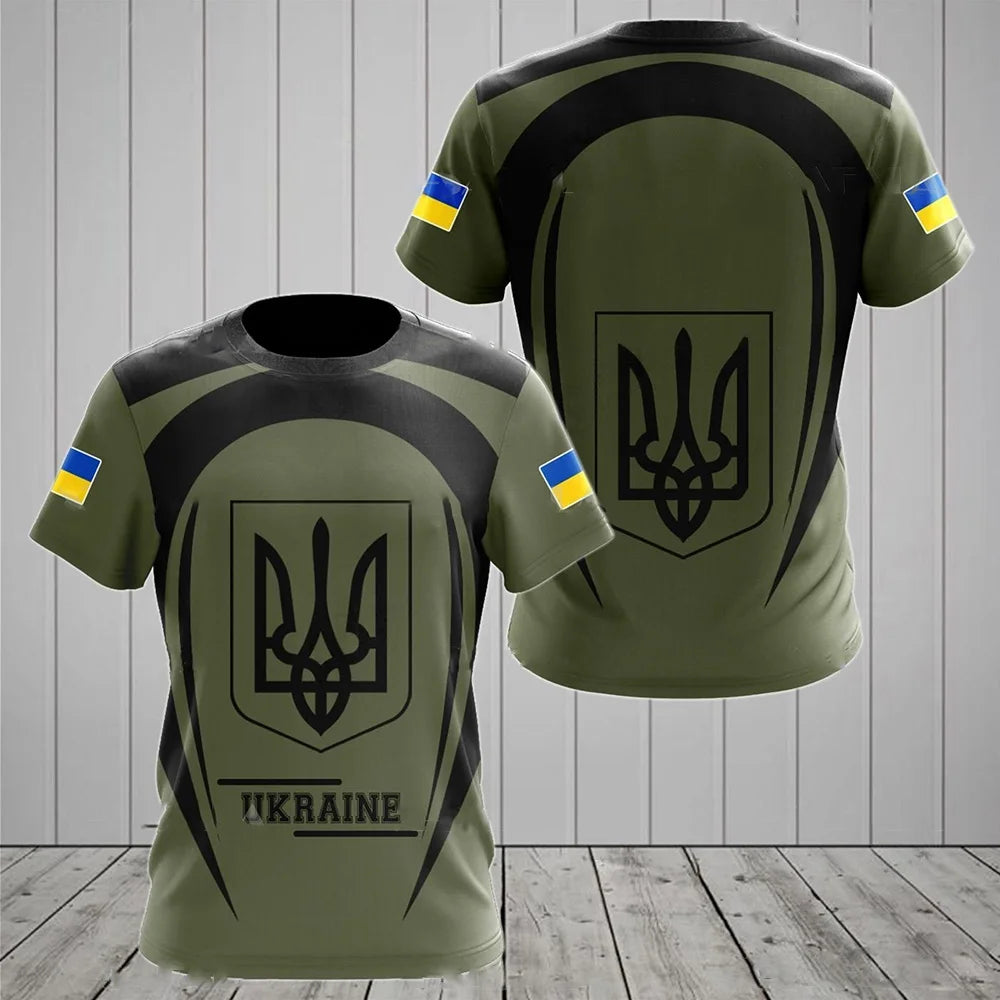 Men's Short Sleeve T-Shirt with Ukrainian Emblem and Flag Design, Featuring Military-Inspired Aesthetics and Patriotic Details