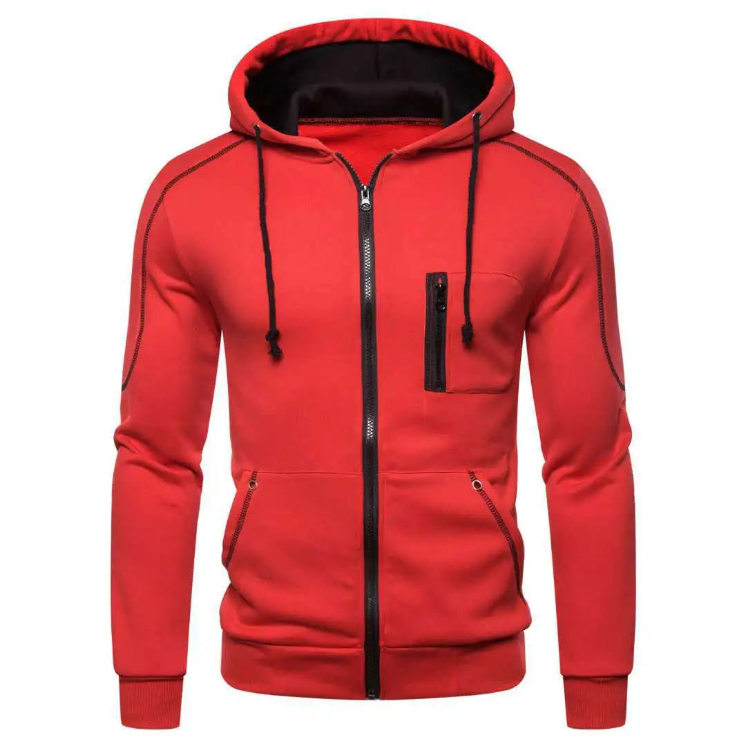 Men's Full-Zip Athletic Hoodie with Contrast Stitching and Multiple Color Options, Featuring Adjustable Drawstring Hood and Zippered Pockets for Sports and Casual Wear