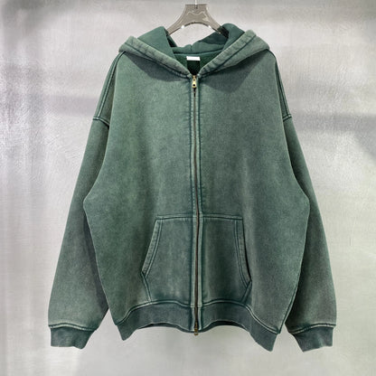 Vintage Washed Full-Zip Hoodie with Oversized Fit and Kangaroo Pocket