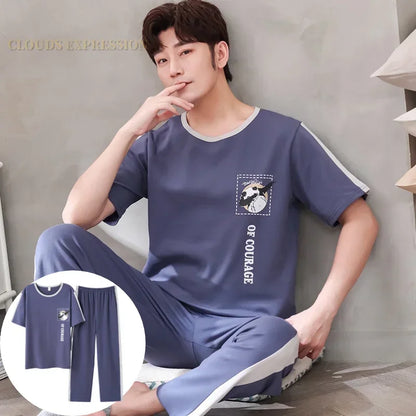 Men's Casual Short Sleeve T-Shirt with Chest Pocket Detail and Matching Plaid Lounge Pants Set for Relaxed Home Wear