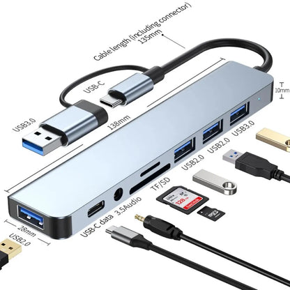 7-in-1 USB-C Hub with Multiple Ports Including USB 3.0, USB 2.0, TF/SD Card Reader, and 3.5mm Audio Jack, Compatible with Laptops, Tablets, and Smartphones for Efficient Data Transfer and Connectivity