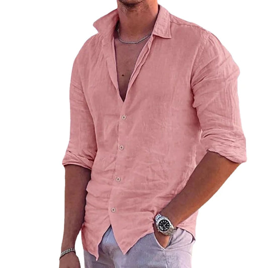 Men's Casual Linen Long Sleeve Button-Up Shirt with Turn-Down Collar and Relaxed Fit