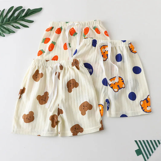 Kids' Elastic Waistband Shorts – Set of 3 Adorable Cartoon Printed Casual Shorts with Fun Animal and Fruit Designs