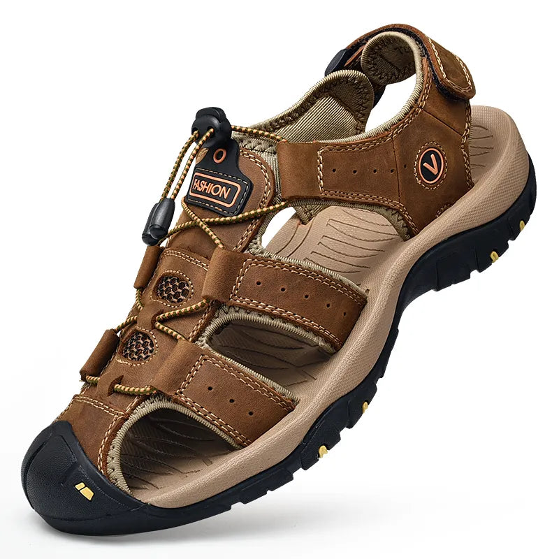 Men's Genuine Leather Outdoor Sandals with Adjustable Straps and Anti-Slip Sole