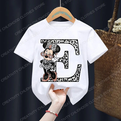 Minnie Mouse Leopard Print Alphabet Graphic T-Shirt for Kids – Trendy and Fun Summer Wear