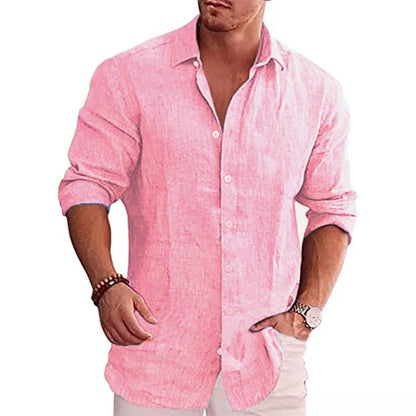 Men's Long Sleeve Linen Blend Button-Up Shirt with Turn-Down Collar, Ideal for Casual and Beach Wear