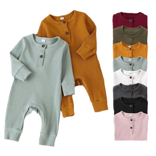 Baby Long-Sleeve Ribbed Romper with Button Detail, Ideal for Cozy and Stylish Everyday Wear