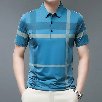 Men's Striped Short Sleeve Polo Shirt with Button Placket and Classic Fit Design