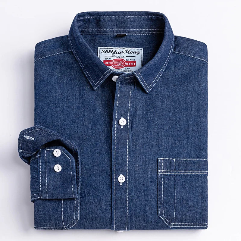 Long-Sleeve Denim Button-Up Shirt with Turn-Down Collar and Dual Chest Pockets