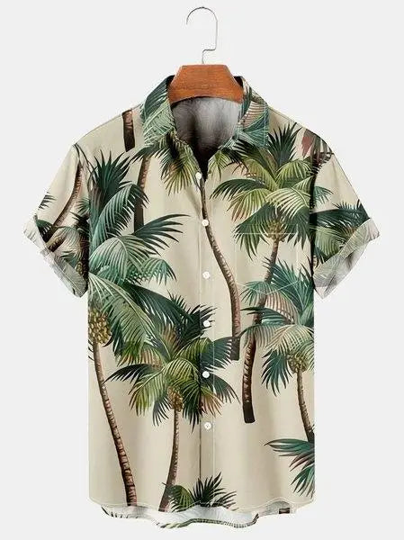 Vintage Surf and Palm Tree Print Short-Sleeve Hawaiian Shirt with Button-Up Closure and Turn-Down Collar