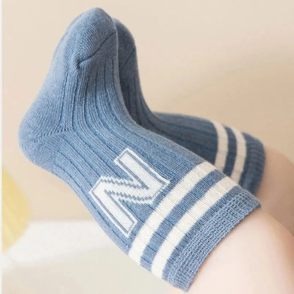 Three-Pair Set of Ribbed Cotton Socks with Striped Top and Embroidered Letter N for Kids