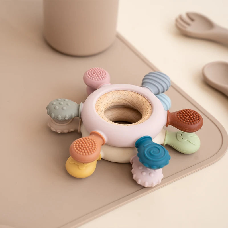 Premium Wooden and Silicone Baby Teething Ring with Multiple Textures and Shapes for Soothing Teething Relief and Sensory Development