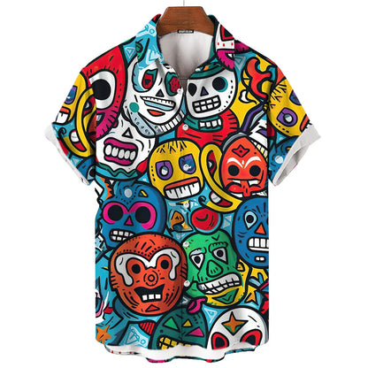 Short-Sleeve Hawaiian Shirt with Lucha Libre Wrestler Print and Button-Up Design