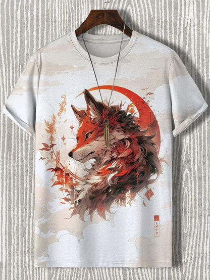 Men's Short Sleeve T-Shirt with Samurai Panda Graphic and Detailed Autumn Background Design