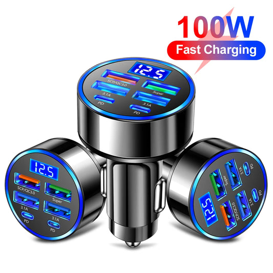 100W Fast Charging Multi-Port Car Charger with Digital Display and Power Delivery Technology for Efficient Device Charging