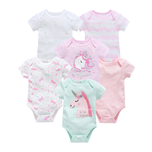 Set of Six Baby Onesies with Unicorn Designs and Short Sleeves