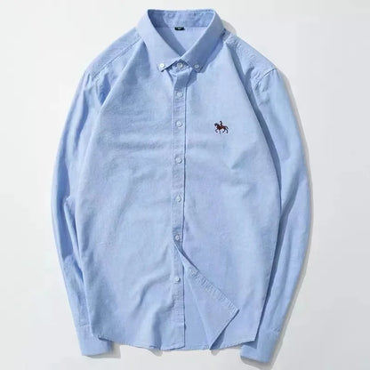 "Men's Long-Sleeve Oxford Dress Shirt with Embroidered Horse Motif and Button-Down Collar"