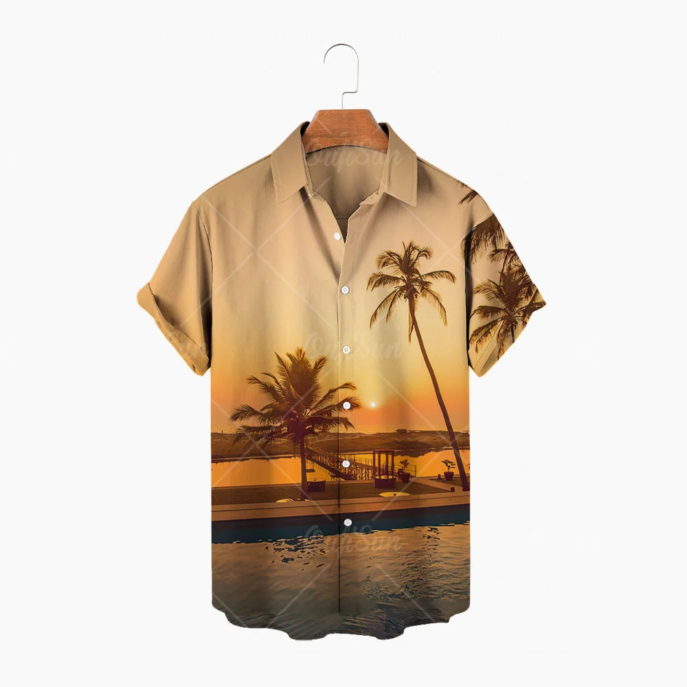 Vintage Surf and Palm Tree Print Short-Sleeve Hawaiian Shirt with Button-Up Closure and Turn-Down Collar